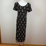 Virgo Dress 8 Maxi Black Beige Ribbed Slinky Scoop Neck Shoulder Pads Vintage Photo 2