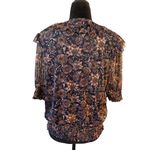 Evereve  Floral Smocked Mesh Top Women’s Large Boho Half Sleeve Tie Neck Ruffle Photo 1