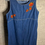 Erika  90's Dress Denim Blue Floral Embroidered Sleeveless Women's Size L Photo 0