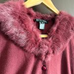 BETTE SUNG | Burgundy Wool Blend Real Fur Collar Beaded Cardigan sweater | Small Red Photo 3