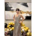 ADDISON EVENING Gold Gown Glitter Metallic Dress Sleeveless V Photo 11