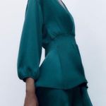 ZARA NWT  Teal Long Sleeve Satin Mini Dress Elastic Waist Ruffled Hem V-Neck M Photo 3