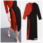 ZARA Red Black Colorblock Stretch Jersey Wrap Midi Dress Small Photo 2