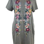 Umgee Gray T-Shirt Dress with Embroidered Multicolored Flowers Size Small Photo 0