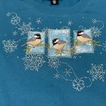 Morning Sun Chickadee Bird Crewneck Sweatshirt Size Medium Stud Snowflake Winter Blue Photo 1
