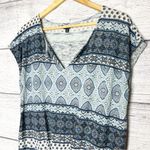 Lucky Brand Boho Patterned Blue & White Front Tie Cap Sleeve Top Size Large Photo 1