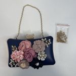 Clutch Bag Satin Flower Handbag Dinner Pearl Wedding Prom Banquet Cocktail Vaca Blue Photo 3