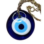 Evil Eye Nazar Protection Necklace Cobalt Blue Glass Pendent Silver Tone Chain Photo 2