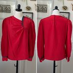 Vintage 80s Chaus Red Blouse Dark Grey Trim Asymmetrical Neck L Size L Photo 1
