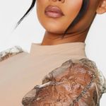 Pretty Little Thing Nude Crepe High Neck Snakeskin Organza Puff Sleeve Bodysuit Photo 1