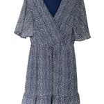 Amazon Flowy Fall Casual Short Sleeve V-Neck Ruffle Printed Flowy Mini Dress Small Blue Photo 0