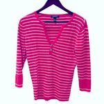 Ralph Lauren Retro  Pink White Striped Knit Top Vneck Henley L Photo 4