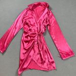 SheIn  Mini Dress Womens S Hot Pink Satin Tie Front Feather Cuffs Long Sleeves Photo 0