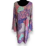 MSK Womens Dress Sz 1X Multicolor Paisley Peacock Tulip Sleeve Aqua Yellow Navy Photo 1