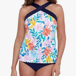 Shapesolver colorful tropical flower high neck tankini top Blue Size 16 Photo 0