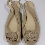 Laura Ashley Sand Metallic Rosette Slingback Peep Toe Shoes 6 1/2 Floral Cottage Photo 0