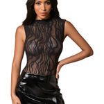 NWT Black Sheer Lace Mock Neck Bodysuit XS Photo 0
