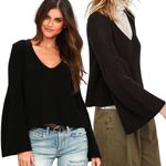 Free People Damsel Cropped Bell Sleeve V-Neck Sweater Women's Small Black Knit Photo 2