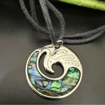 Abalone Shell Wave Silver Pendant Adjustable Cord Necklace 11g. Blue Photo 0