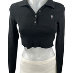 The Frankie Shop  Women's Black Collared Long Sleeve Knit Crop Polo Shirt Top S Photo 0