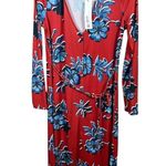 ZARA Floral Stretch Jersey Long Sleeve Belted Mid Length Dress Red Blue Vacation Photo 0