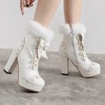 Women’s White Chunky High Heeled Boots Faux Fur Trim Size 39EU (8.5 US) NEW Photo 1