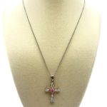 Stainless Steel Rhinestone Cross Pendant Chain Necklace Silver Pink Bling Girlie Photo 2