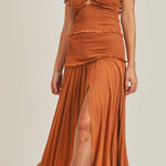 MABLE Strapless Smocked Knot Front Side Slit Maxi Dress Orange Photo 0