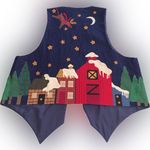 Festive Faux Patchwork Christmas Holiday Vest Santa Reindeer Snowy Village L/XL Blue Photo 1