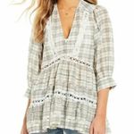 Free People  White Grey Plaid Time Out Eyelet Tiered Tunic Top Photo 0