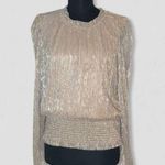 Joie  Shimmer Blouse Smocked Waist Long Sleeve Chiffon Silver Gold Metallic Sz L Photo 0