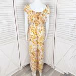 June & Hudson Tropical Print Belted Wide Leg Jumpsuit Pink Yellow Medium Photo 3