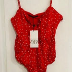 ZARA NWT Women's ‎ Red Lace Up Satin Effect Star Print Bodysuit Size Medium Photo 0