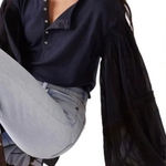 Free People  S Top Blouse Tee Light Magic Henley in Deepest Navy Puff Sleeve Photo 0
