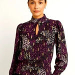 White House | Black Market Long Sleeve Floral Metallic Blouson Blouse Purple 10 Photo 0