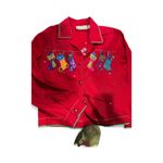 Red Denim Jacket Christmas Theme Stockings Womens large Trucker Casual Photo 4