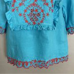 J.Crew Embroidered Top Turquoise Women XS Short Sleeves Vacation Ruffle Floral Photo 6