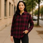 Wild Fable  Women's Shirt S Long‎ Sleeve Button-Down Plaid Buffalo Check Burgundy Photo 1