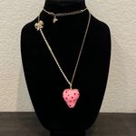 Betsey Johnson Pink Strawberry Red Rhinestone Long Necklace Gold Tone Photo 0