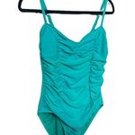 ABS Allen Schwartz ABS turquoise ruched front size 10 one piece bathing suit. Photo 1