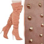 Liliana Vegan Suede Over the Knee Golden Tacks Peep Toe Boots Photo 0