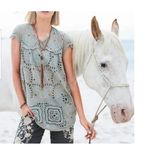 Johnny Was  Marietta Gray Eyelet Lace Flutter Sleeve Embroidered Tunic Top Size S Photo 6