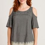 Umgee  Black and White Striped Cold Shoulder Lace Top Photo 0