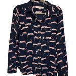 Loft  Navy Blue Button Down Blouse | M Pink Leopard Animal Print Officewear Chic Photo 0