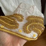 80s Vintage RIGHT CHOICE White and gold Beaded Silk Midi Gown with Slit Large Photo 8