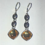 Silver Tone Citrine Amber CZ Rhinestone Dangling Boho Pierced Earrings Photo 1