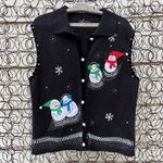 Vintage 90s Snowmen Winter Christmas Ugly Sweater Vest Black Applique XL Photo 0