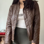New Look ‎ Quilted Faux Leather Moto Jacket Brown Padded Collar Zip Front Womens Photo 0