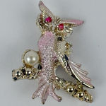 Vintage Gold Tone Enamel Owl Brooch Pink Rhinestone Eyes Faux Pearl Accent Photo 0