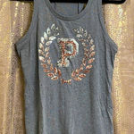 PINK - Victoria's Secret PINK Victoria’s Secret gray and rosegold/silver bling crest tanktop, size S EUC Photo 0